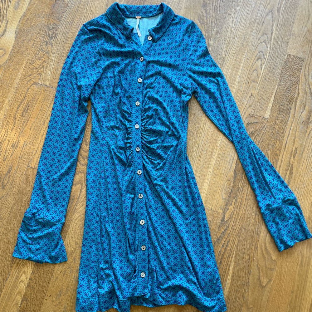 Free People Turquoise and Purple Patterned Shirt